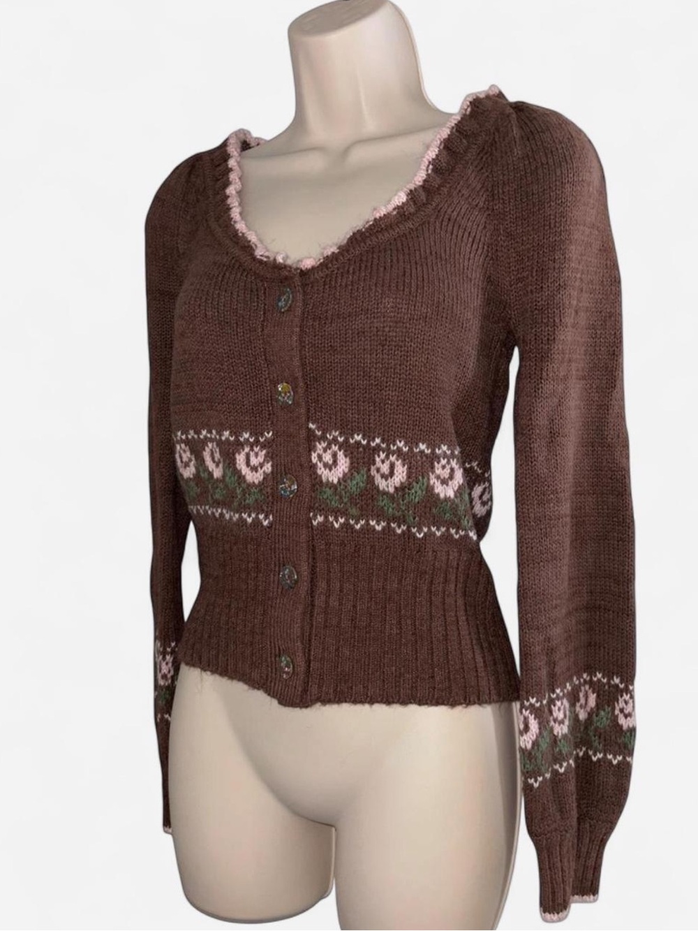 Kimchi Blue Brown Floral Trim Knit Cardigan Sweater - Women’s S - Picture 2 of 6
